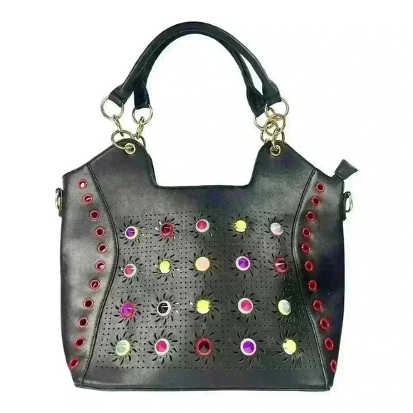 Black  Tote Bag Faux Leather Colorful Studs & Grommet Details, Large 80s Rock - Picture 1 of 16